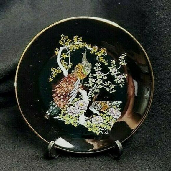 Vintage Black Porcelain Gold Trim Peacocks Floral Design Vase Plate Set Japan - Picture 1 of 5